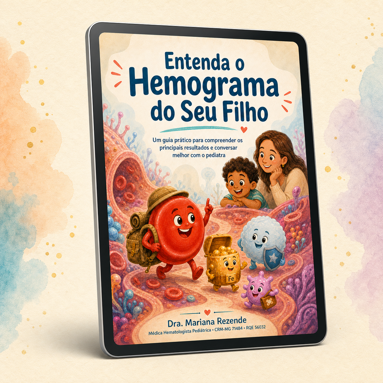 Ebook Entenda o Hemograma do Seu Filho apresentado em um tablet